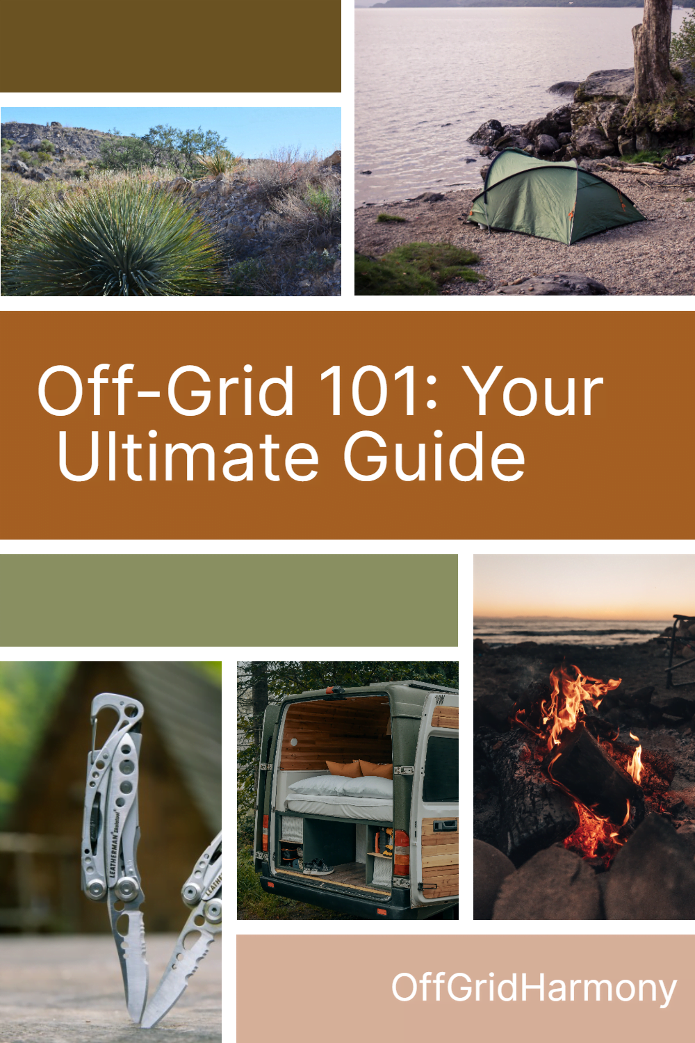 A grid with camping gear and fireplaces