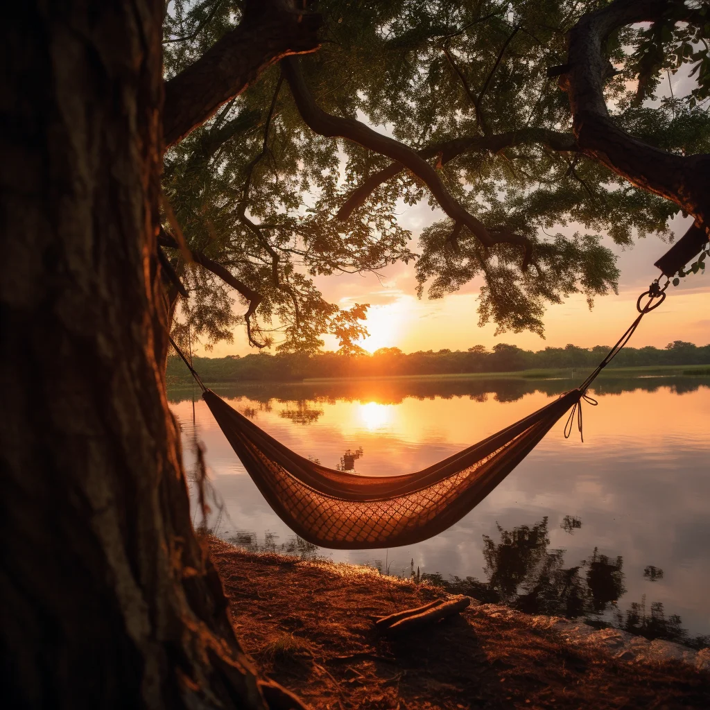 hangmat in front of a lake with a sun falling down