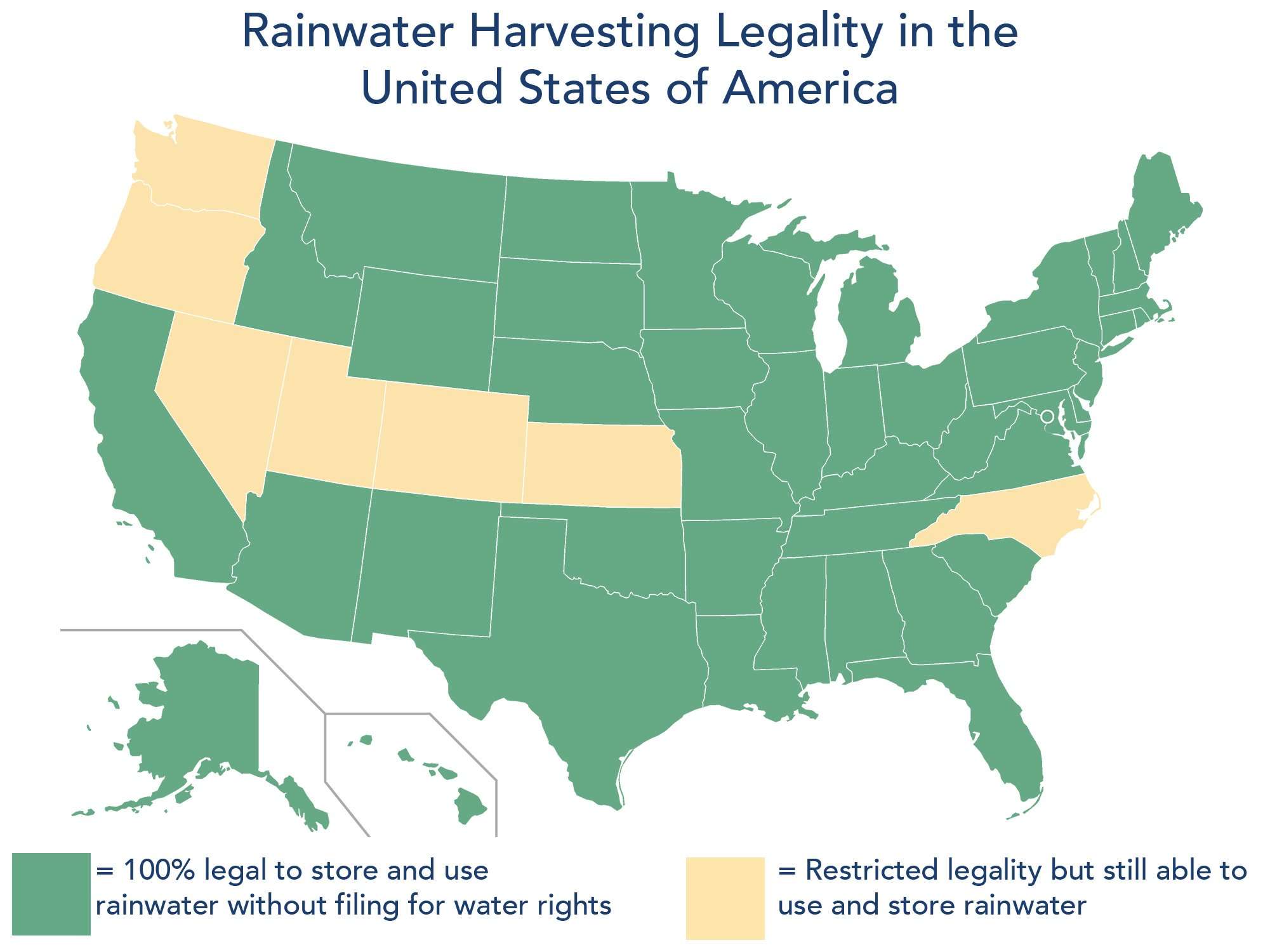 Collecting rainwater is legal in all 50 states, but some states have regulations and restrictions. Collecting rainwater is legal in all 50 states, but some states have regulations and restrictions.