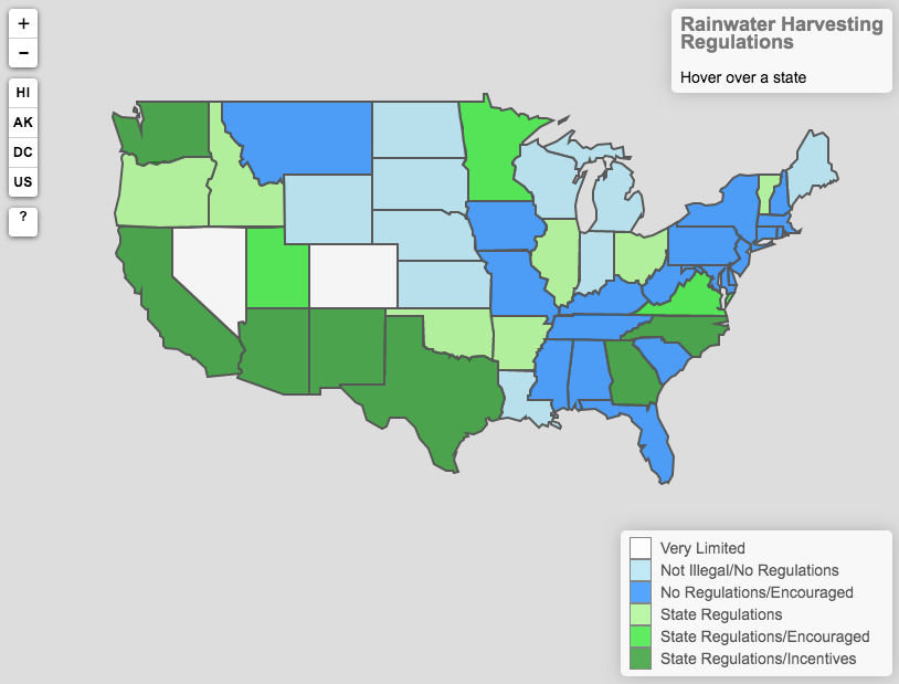 Collecting rainwater is legal in all 50 states, but some states have regulations and restrictions. Collecting rainwater is legal in all 50 states, but some states have regulations and restrictions.
